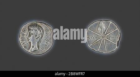 Denarius (moneta) raffigurante l'imperatore Augusto, 19/18 a.C., romano, minato in Spagna, Italia, Argento, Diam. 2 cm, 3,47 g, Reimagined by Gibon, design di calore allegro di luminosità e raggi di luce radianza. Arte classica reinventata con un tocco moderno. La fotografia ispirata al futurismo, che abbraccia l'energia dinamica della tecnologia moderna, del movimento, della velocità e rivoluziona la cultura. Foto Stock