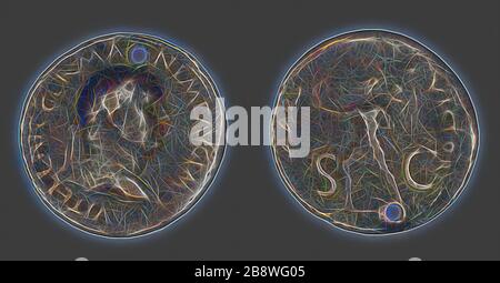 Sestertius (moneta) raffigurante l'imperatore Vitellio, ad 69, Romano, Romano Impero, Bronzo, Diam. 3,5 cm, 23,95 g, Reimagined by Gibon, design di calda luce allegra di luminosità e raggi di luce radianza. Arte classica reinventata con un tocco moderno. La fotografia ispirata al futurismo, che abbraccia l'energia dinamica della tecnologia moderna, del movimento, della velocità e rivoluziona la cultura. Foto Stock