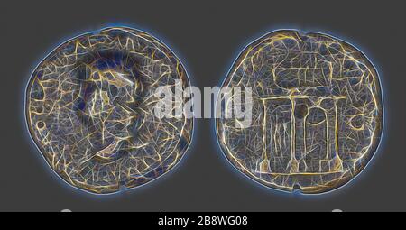 Sestertius (moneta) raffigurante l'Imperatore Nerone, ad 54/69, Romano, Romano Impero, Bronzo, Diam. 3,4 cm, 21,54 g, Reimagined by Gibon, disegno di calda luce allegra di luminosità e raggi luminosi. Arte classica reinventata con un tocco moderno. La fotografia ispirata al futurismo, che abbraccia l'energia dinamica della tecnologia moderna, del movimento, della velocità e rivoluziona la cultura. Foto Stock