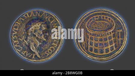 Moneta raffigurante l'Imperatore Vespasiano, 70 d.C., Romano, Romano Impero, Bronzo, Diam. 3,3 cm, 22,52 g, Reimagined by Gibon, disegno di calda luce allegra di luminosità e raggi luminosi. Arte classica reinventata con un tocco moderno. La fotografia ispirata al futurismo, che abbraccia l'energia dinamica della tecnologia moderna, del movimento, della velocità e rivoluziona la cultura. Foto Stock