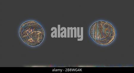 Moneta raffigurante il Dio Zeus e Consort (?), circa 137/127 a.C., Fenicio, Antico Mediterraneo, Bronzo, Diam. 1,6 cm, 2,77 g, Reimagined by Gibon, disegno di calda luce allegra di luminosità e raggi di luce radianza. Arte classica reinventata con un tocco moderno. La fotografia ispirata al futurismo, che abbraccia l'energia dinamica della tecnologia moderna, del movimento, della velocità e rivoluziona la cultura. Foto Stock