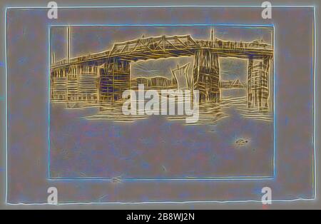 Old Battersea Bridge, 1879, James McNeill Whistler, American, 1834-1903, Stati Uniti, attacco e punto di drypoint con mordente in inchiostro marrone scuro su carta avorio posata, 203 x 296 mm (piastra), 257 x 406 mm (foglio), Reimagined by Gibon, disegno di calore allegro di luminosità e raggi di luce radianza. Arte classica reinventata con un tocco moderno. La fotografia ispirata al futurismo, che abbraccia l'energia dinamica della tecnologia moderna, del movimento, della velocità e rivoluziona la cultura. Foto Stock