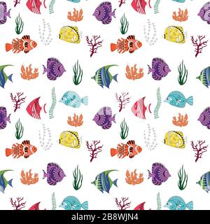 Modello senza cuciture colorato pesce tropicale su sfondo bianco, pesce grafico ornamentale, motivo floreale linea. Concetto vettoriale per la carta menu del ristorante. Illustrazione Vettoriale