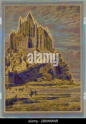 Mont Saint-Michel, 1882, Axel Herman Haig, svedese, 1835-1921, Svezia, incisione in nero su carta, reinventata da Gibon, disegno di calore allegro di luminosità e raggi di luce radianza. Arte classica reinventata con un tocco moderno. La fotografia ispirata al futurismo, che abbraccia l'energia dinamica della tecnologia moderna, del movimento, della velocità e rivoluziona la cultura. Foto Stock