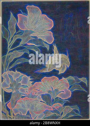 Canary e Peony (Kanaari, shakuyaku), da una serie senza titolo di fiori e uccelli, c. 1834, Katsushika Hokusai ?? ??, giapponese, 1760-1849, Giappone, stampa a blocchi di legno a colori, chuban, 10 x 7 1/2 in., Reimagined by Gibon, design di calore allegro di luminosità e raggi di luce radianza. Arte classica reinventata con un tocco moderno. La fotografia ispirata al futurismo, che abbraccia l'energia dinamica della tecnologia moderna, del movimento, della velocità e rivoluziona la cultura. Foto Stock