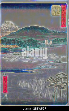 Hiratsuka: Traghetto sul fiume Banyu e vista distante del Monte Oyama (Hiratsuka, Banyugawa funewatashi Oyama enbo), no 8 dalla serie famosi luoghi di interesse delle cinquantatre stazioni (Gojusan tsugi meisho zue), anche conosciuto come il Tokaido verticale, 1855, Utagawa Hiroshige ?? ??, giapponese, 1797-1858, Giappone, stampa a blocchi di legno a colori, oban, 35,6 x 23 cm, Reimagined by Gibon, design di luce calda e allegra di luminosità e raggi di luce radianza. Arte classica reinventata con un tocco moderno. Fotografia ispirata al futurismo, che abbraccia l'energia dinamica della tecnologia moderna, del movimento, della velocità e. Foto Stock