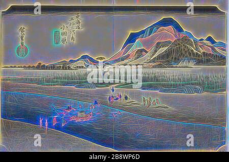 Odawara: Il fiume Sakawa (Odawara, Sakawagawa), dalla serie cinquantatre stazioni della Tokaido Road (Tokaido gojusan tsugi no uchi), conosciuta anche come Hoeido Tokaido, c. 1833/34, Utagawa Hiroshige ?? ??, giapponese, 1797-1858, Giappone, stampa a blocchi di legno a colori, oban, 24,2 x 36,1 cm (9 1/2 x 14 3/16 in.), reimmaginata da Gibon, design di luce calda e allegra di luminosità e raggi di luce radianza. Arte classica reinventata con un tocco moderno. La fotografia ispirata al futurismo, che abbraccia l'energia dinamica della tecnologia moderna, del movimento, della velocità e rivoluziona la cultura. Foto Stock