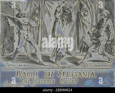 Frontespizio, da Balli di Sfessania, c. 1622, Jacques Callot, francese, 1592-1635, Francia, incisione e incisione su carta, 70 × 92 mm, Reimagined by Gibon, disegno di calda luce allegra di luminosità e raggi di luce radianza. Arte classica reinventata con un tocco moderno. La fotografia ispirata al futurismo, che abbraccia l'energia dinamica della tecnologia moderna, del movimento, della velocità e rivoluziona la cultura. Foto Stock