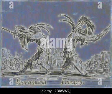 Razullo, Cucurucu, da Balli di Sfessania, c. 1622, Jacques Callot, francese, 1592-1635, Francia, incisione e incisione su carta, 70 × 92 mm, Reimagined by Gibon, disegno di calda luce allegra di luminosità e raggi di luce radianza. Arte classica reinventata con un tocco moderno. La fotografia ispirata al futurismo, che abbraccia l'energia dinamica della tecnologia moderna, del movimento, della velocità e rivoluziona la cultura. Foto Stock