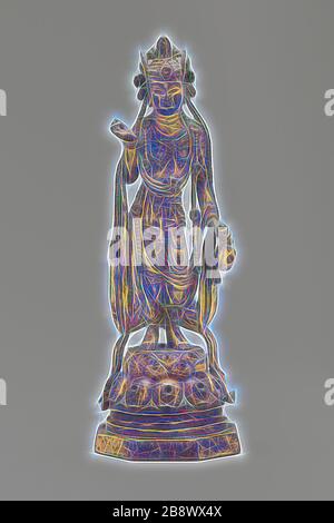 Guanyin bianco-rosato (Avalokiteshvara) in posa risaia (Tribhanga), tenuta una vase con Nectar di immortalità (Amrta), dinastia sui (589–618), inizio 7th secolo, Cina, lega di rame dorato, 19,5 × 5,3 × 5,3 cm (7 5/8 × 2 1/8 × 2 1/8 in 1/8 di 1/8 di 1/8 di pollice), Reimaginagined by Gibon, design di calore allegro di luminosità e raggi di luce radianza. Arte classica reinventata con un tocco moderno. La fotografia ispirata al futurismo, che abbraccia l'energia dinamica della tecnologia moderna, del movimento, della velocità e rivoluziona la cultura. Foto Stock