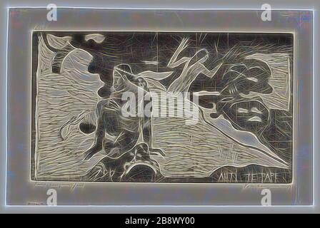 Auti te Pape (Women at the River) della Noa Noa Suite, 1893/94, stampato e pubblicato nel 1921, Paul Gauguin (francese, 1848-1903), stampato da Pola Gauguin (danese, nato in Francia, 1883-1961), pubblicato da Christian Cato, Copenhagen, Francia, stampa a blocchi di legno in inchiostro nero su carta grigiastra-cinese, 205 × 355 mm (immagine), avorio 266 × 417 mm (foglio), Reimagined by Gibon, disegno di calore allegro di luminosità e raggi di luce radianza. Arte classica reinventata con un tocco moderno. La fotografia ispirata al futurismo, che abbraccia l'energia dinamica della tecnologia moderna, del movimento, della velocità e rivoluziona la cultura. Foto Stock