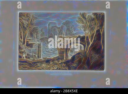 Porta Est, Winchelsea, piatto 67 di Liber Studiorum, pubblicato il 1 gennaio 1819, Joseph Mallord William Turner (inglese, 1775-1851), inciso da S.W. Reynolds, Inghilterra, incisione ed incisione in marrone su carta avorio posata su carta biancastra, 175 × 259 mm (immagine), 205 × 290 mm (piastra), 267 × 386 mm (foglio), Reimagined by Gibon, disegno di calore allegro di luminosità e di radianza di raggi luminosi. Arte classica reinventata con un tocco moderno. La fotografia ispirata al futurismo, che abbraccia l'energia dinamica della tecnologia moderna, del movimento, della velocità e rivoluziona la cultura. Foto Stock