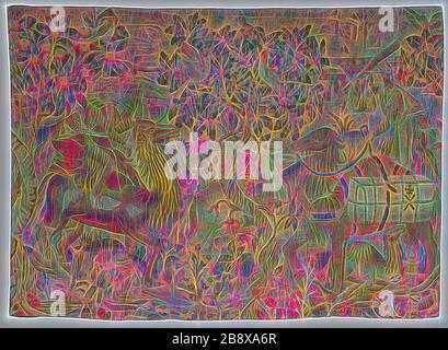 Camel Riders, presumibilmente di una serie di Wild Man, 1475/1510, franco-fiammingo, Fiandre, lana, tessitura a spacco arazzi, due cimici presenti, bordi superiore e inferiore, 343,5 × 248,9 cm (135 1/4 × 98 in.), Reimagined by Gibon, design di calore allegro di luminosità e raggi di luce radianza. Arte classica reinventata con un tocco moderno. La fotografia ispirata al futurismo, che abbraccia l'energia dinamica della tecnologia moderna, del movimento, della velocità e rivoluziona la cultura. Foto Stock