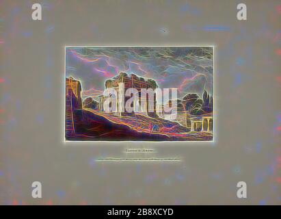 Arco di Janus, piatto venti dalle rovine di Roma, pubblicato il 6 dicembre 1796, M. Dubourg, (inglese, attivo 1786-1838), pubblicato da J. Merigot (italiano, sconosciuto), Inghilterra, acquatinta a mano su carta, 330 × 448 mm (foglio), Reimagined by Gibon, disegno di caldo allegro incandescente di luminosità e raggi di luce radianza. Arte classica reinventata con un tocco moderno. La fotografia ispirata al futurismo, che abbraccia l'energia dinamica della tecnologia moderna, del movimento, della velocità e rivoluziona la cultura. Foto Stock