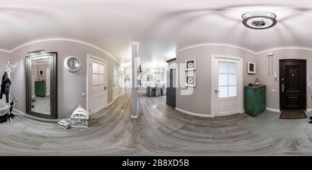Visualizzazione panoramica a 360 gradi di GRODNO, Bielorussia - gennaio, 2019: completa sferica perfetta hdri panorama a 360 gradi angolo di visione nella moderna hall di entrata del corridoio camere di in equirect