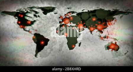 Mappa del mondo sui focolai del virus corona covid-19 con fotografia analogica Foto Stock