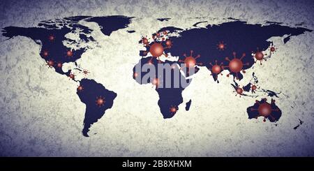 Mappa del mondo sui focolai del virus corona covid-19 con fotografia analogica Foto Stock