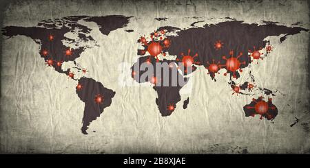 Mappa del mondo sui focolai del virus corona covid-19 con fotografia analogica Foto Stock