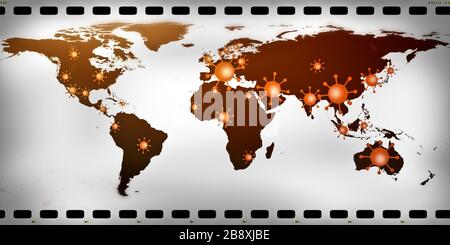 Mappa del mondo sui focolai del virus corona covid-19 con fotografia analogica Foto Stock
