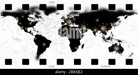 Mappa del mondo sui focolai del virus corona covid-19 con fotografia analogica Foto Stock