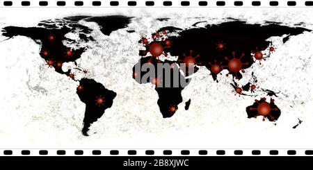 Mappa del mondo sui focolai del virus corona covid-19 con fotografia analogica Foto Stock