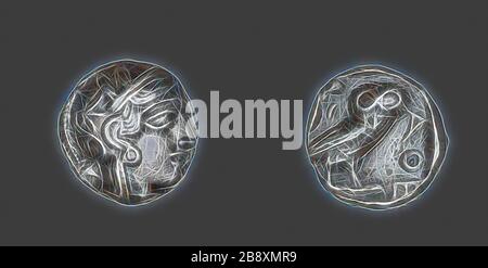 Tetradrachm (moneta) raffigurante la dea Atena, 490/322 a.C., greca, minata ad Atene, Grecia antica, Argento, Diam. 2,3 cm, 17,09 g, Reimagined by Gibon, design di calore allegro di luminosità e raggi di luce radianza. Arte classica reinventata con un tocco moderno. La fotografia ispirata al futurismo, che abbraccia l'energia dinamica della tecnologia moderna, del movimento, della velocità e rivoluziona la cultura. Foto Stock