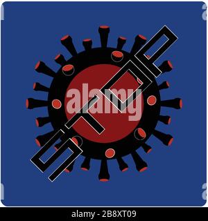 Stop Virus Logo nero e rosso con testo su sfondo blu con angoli arrotondati Illustrazione Vettoriale