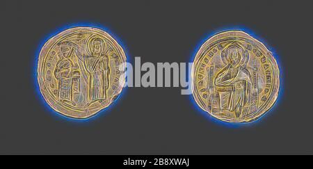 Histamenon (moneta) di Romanus III Argyrus con Cristo Enthroned, 1028/34, bizantino, minato a Costantinopoli (ora Istanbul), Costantinopoli, oro, Diam. 2,5 cm, 4,40 g, Reimagined by Gibon, disegno di calda luce allegra di luminosità e raggi di luce radianza. Arte classica reinventata con un tocco moderno. La fotografia ispirata al futurismo, che abbraccia l'energia dinamica della tecnologia moderna, del movimento, della velocità e rivoluziona la cultura. Foto Stock