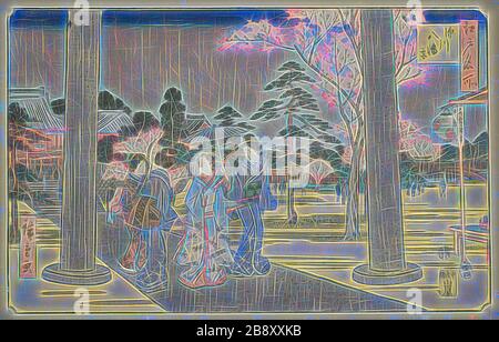 Fukagawa Hachiman Shrine (Fukagawa Hachimangu), dalla serie luoghi famosi in Edo (Edo meisho), 1854, Utagawa Hiroshige ?? ??, giapponese, 1797–1858, Giappone, stampa a blocchi di legno a colori, oban, 25,7 x 37,4 cm (10 1/8 x 14 11/16 in.), reimmaginata da Gibon, design di luce calda e allegra di luminosità e raggi di luce radianza. Arte classica reinventata con un tocco moderno. La fotografia ispirata al futurismo, che abbraccia l'energia dinamica della tecnologia moderna, del movimento, della velocità e rivoluziona la cultura. Foto Stock