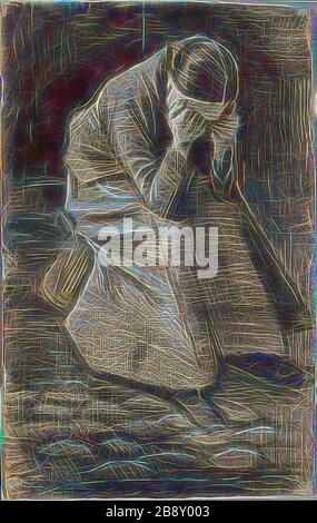 Weeping Woman, 1883, Vincent van Gogh, olandese, 1853-1890, olandese, gesso bianco e nero, con spazzola e inciampo, spazzola e lavaggio nero e grigio, E tracce di grafite, su una spazzola e inchiostro marrone sotto disegno su carta avorio wove, 502 x 314 mm, Reimagined by Gibon, disegno di calore allegro di luminosità e raggi di luce radianza. Arte classica reinventata con un tocco moderno. La fotografia ispirata al futurismo, che abbraccia l'energia dinamica della tecnologia moderna, del movimento, della velocità e rivoluziona la cultura. Foto Stock