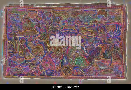 Immagine, 17th secolo, Inghilterra, probabilmente lino, tessitura piana, applicazioni con seta, ordito-float affrontato 4:1 tessitura satinata su imbottitura in fibra bast, ricamato con seta, seta-avvolto-metallo-bobine, seta argentato-nastro-avvolto e piume in lingotto, buttonhole, staccato trammed-buco, encrowing Gobelin, dorso individuale, gambo rialzato e tenda posata, e lavoro di couching e lavoro Impreziosito da mica, 21,9 × 35,2 cm (8 5/8 × 13 7/8 in.), Reimagined by Gibon, design di caldo e allegro bagliore di luminosità e raggi di luce. Arte classica reinventata con un tocco moderno. Photograp Foto Stock