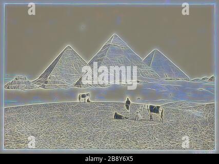 Le Piramidi di El Geezeh, dal sud-ovest, 1857, Francis Frith, inglese, 1822–1898, Inghilterra, stampa albume, 15,7 × 22,8 cm (immagine/carta), 31,8 × 43,4 cm (montaggio), Reimagined by Gibon, design di calore allegro luminoso e raggi di luce radiance. Arte classica reinventata con un tocco moderno. La fotografia ispirata al futurismo, che abbraccia l'energia dinamica della tecnologia moderna, del movimento, della velocità e rivoluziona la cultura. Foto Stock