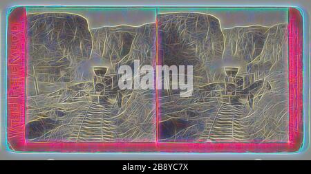 Untitled (Central Pacific Railroad), 1864/69, stampato nel 1870, Alfred A. Hart, American, 1816–1908, Stati Uniti, stampa albumen, stereo, dalla serie Watkin's Pacific Railroad, Reimagined by Gibon, design di calore allegro di luminosità e raggi di luce radianza. Arte classica reinventata con un tocco moderno. La fotografia ispirata al futurismo, che abbraccia l'energia dinamica della tecnologia moderna, del movimento, della velocità e rivoluziona la cultura. Foto Stock