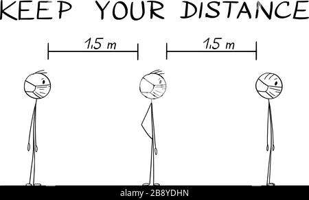 Cartoni animati vettoriali disegno illustrazione istruttiva come stare in linea o essere in coda durante l'epidemia di coronavirus COVID-19. Mantieni il testo della distanza. Illustrazione Vettoriale