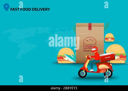 Concetto di fast food delivery service, un uomo che guida uno scooter di fronte a un grande hamburger e carta da imballaggio in colore verde sfondo. Illustrazione Vettoriale