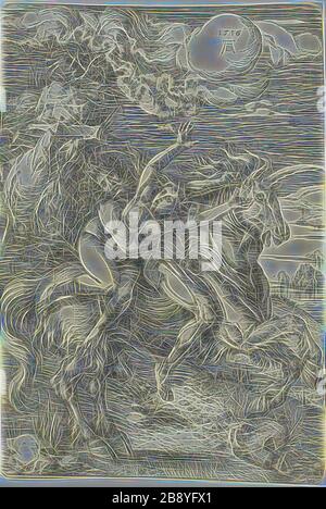 La sottrazione di Proserpine su un unicorno, 1516, Albrecht Dürer, tedesco, 1471-1528, Germania, attacco in nero su carta bianca, 314 x 212 mm, Reimagined by Gibon, disegno di calore allegro di luminosità e raggi di luce radianza. Arte classica reinventata con un tocco moderno. La fotografia ispirata al futurismo, che abbraccia l'energia dinamica della tecnologia moderna, del movimento, della velocità e rivoluziona la cultura. Foto Stock