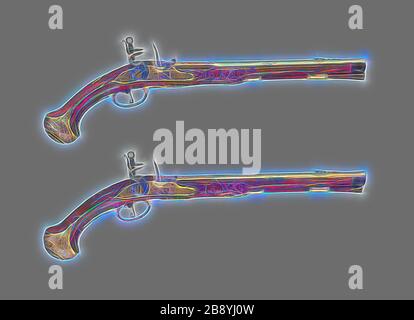 Coppia di Pistole Flintlock Holster, c. 1700/25, Austrian, Vienna, Vienna, acciaio, ottone, doratura, noce e corno, L. 53,3 cm, Reimagined by Gibon, design di calore allegro di luminosità e raggi di luce radianza. Arte classica reinventata con un tocco moderno. La fotografia ispirata al futurismo, che abbraccia l'energia dinamica della tecnologia moderna, del movimento, della velocità e rivoluziona la cultura. Foto Stock