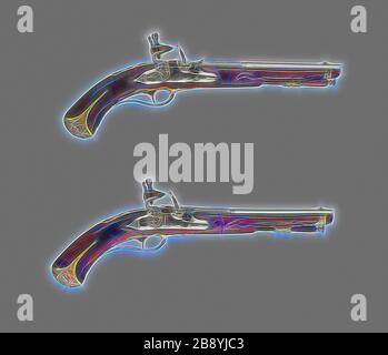 Coppia di Pistole Flintlock, inizio 18th secolo, botti firmate Lazzarino Cominazzo, italiano, Brescia, ACT. 1685-1729, chiuse firmate Giovanni Botti, italiano, Brescia, atto. 1685-1729, Brescia, Noce e ottone dorato, L. 35,6 cm, Reimagined by Gibon, disegno di calda luce allegra di luminosità e di radianza di raggi luminosi. Arte classica reinventata con un tocco moderno. La fotografia ispirata al futurismo, che abbraccia l'energia dinamica della tecnologia moderna, del movimento, della velocità e rivoluziona la cultura. Foto Stock