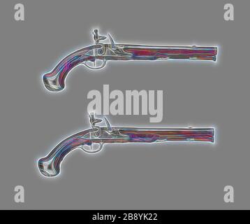 Coppia di Pistole Flintlock Holster, circa 1740, Joseph Etienne Brion (francese, attivo 1740-1747), Parigi, Parigi, acciaio, oro, noce, e selce, L. 40.3 cm (15 7/8 in.), Reimagined by Gibon, disegno di calore allegro di luminosità e raggi di luce radianza. Arte classica reinventata con un tocco moderno. La fotografia ispirata al futurismo, che abbraccia l'energia dinamica della tecnologia moderna, del movimento, della velocità e rivoluziona la cultura. Foto Stock