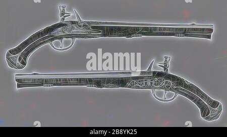 Coppia di Pistole Flintlock Holster, c. 1670, Gunsmith: Gerrit Lasonder, (olandese, attivo 1659-87), Utrecht, Utrecht, acciaio, rame, bava di noce, L. 52 cm, Reimagined by Gibon, disegno di caldo e allegro bagliore di luminosità e raggi di luce radianza. Arte classica reinventata con un tocco moderno. La fotografia ispirata al futurismo, che abbraccia l'energia dinamica della tecnologia moderna, del movimento, della velocità e rivoluziona la cultura. Foto Stock