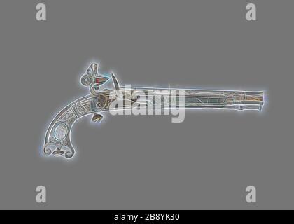 Pistola per cintura flintlock, c. 1735, fabbro: Thomas Caddell (Scozzese), Doune, Scozia, acciaio, argento, cuoio, e legno, L. 31 cm (12 3/16 in.), Reimagined by Gibon, disegno di calore allegro di luminosità e raggi di luce radianza. Arte classica reinventata con un tocco moderno. La fotografia ispirata al futurismo, che abbraccia l'energia dinamica della tecnologia moderna, del movimento, della velocità e rivoluziona la cultura. Foto Stock