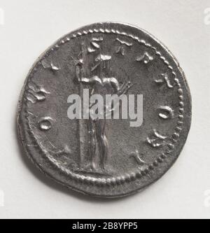 Antoniniano di Gorido III, 240-243 Monnaie romaine. Antoninien de Gordien III, empereur romain de 238 à 244. Argent (revers). Entre 240-243. Parigi, musée Carnavalet. Foto Stock