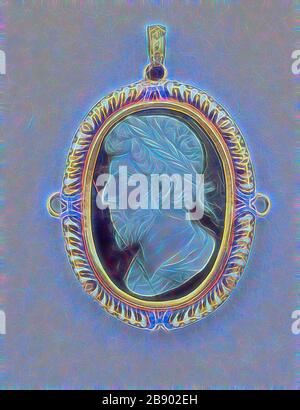 Cappello con Cameo di Laureate Head, 1550/1600 con successive modifiche, italiano, nord Italia, Agate, oro e smalto, 4,2 × 3,2 cm (1 3/16 × 1 in.), Reimagined by Gibon, disegno di calore allegro di luminosità e raggi di luce radianza. Arte classica reinventata con un tocco moderno. La fotografia ispirata al futurismo, che abbraccia l'energia dinamica della tecnologia moderna, del movimento, della velocità e rivoluziona la cultura. Foto Stock