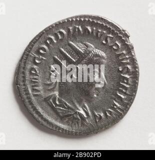 Antoniniano di Gorido III, 240-243 Monnaie romaine. Antoninien de Gordien III, empereur romain de 238 à 244. Argent (avers). Entre 240-243. Parigi, musée Carnavalet. Foto Stock