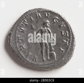 Antoniniano di Gorido III, 240-243 Monnaie romaine. Antoninien de Gordien III, empereur romain de 238 à 244. Argent (revers). Entre 240-243. Parigi, musée Carnavalet. Foto Stock
