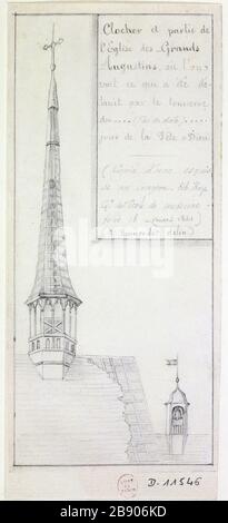 Campanile e parte della chiesa dei Grands Augustins, dove vediamo ciò che è stato distrutto dal tuono di Dio ..... giorno della festa Alfred Bonnardot (1808-1884). Clocher et partie de l'église des Grands-Augustins, où l'on voit ce qui a été détruit par le tonnerre du.....jour de la fête Dieu. Crayon sur papier fin blanc, 1801-1900. Parigi, musée Carnavalet. Foto Stock