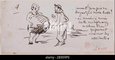 Cartoon sul bagno Cham (Amédée Charles de Noé, 1819-1879). Caricature sur les bains de mer. Dessin à la plume sur papier beige. Parigi, musée Carnavalet. Foto Stock