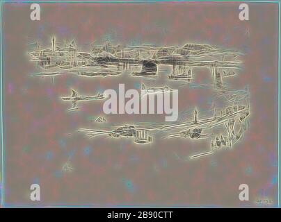 Charing Cross Railway Bridge, 1896, James McNeill Whistler, American, 1834-1903, Stati Uniti, trasferimento litografia in nero con inciampo, raschiatura, e incisione, su carta cremosa posata, 130 x 216 mm (immagine), 198 x 270 mm (foglio), Reimagined by Gibon, disegno di calore allegro di luminosità e raggi di luce. Arte classica reinventata con un tocco moderno. La fotografia ispirata al futurismo, che abbraccia l'energia dinamica della tecnologia moderna, del movimento, della velocità e rivoluziona la cultura. Foto Stock