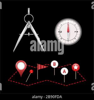 Set di vettori per strumentazione mappa, illustrazione realistica 3D isolata su sfondo nero. Illustrazione Vettoriale
