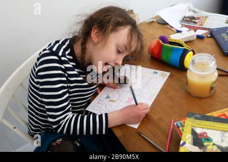 Chichester, Regno Unito. 23 marzo 2020. Coronavirus Home Schooling - Chichester, West Sussex, UK. Isabelle, 8 anni, insegnata a casa questa mattina da Madre, Kelly dopo che le scuole sono state chiuse nel Regno Unito per un minimo di quattro settimane a causa del Coronavirus, (Covid-19). Chichester, West Sussex, Regno Unito. Lunedì 23 Marzo 2020 Credit: Sam Stephenson/Alamy Live News Foto Stock